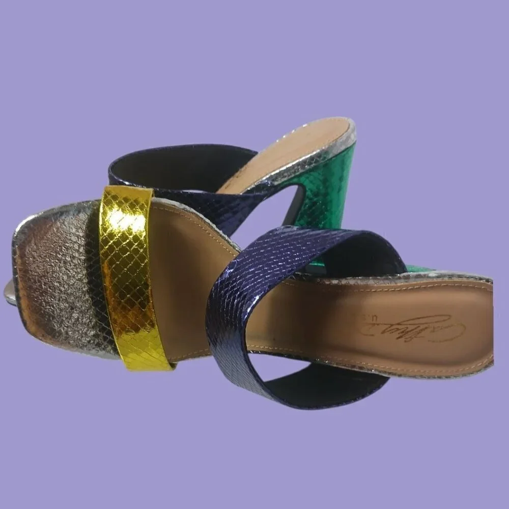 Cathy Din Faux Snake Skin Print Sandals Womens Metallics Purple Gold  Sz 6.5